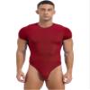 ACSUSS Mens Athletic Sport Bodysuit Round Neck Short Sleeve Buttoned Crotch Jumpsuit Rompers for Yoga Burgundy XX-Large view 1