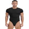 ACSUSS Mens Athletic Sport Bodysuit Round Neck Short Sleeve Buttoned Crotch Jumpsuit Rompers for Yoga Black X-Large