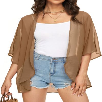 Womens Kimono Cardigans Beach Cover ups Swimwear Puff Sleeve Loose Casual Summer Tops (Khaki,2XL)