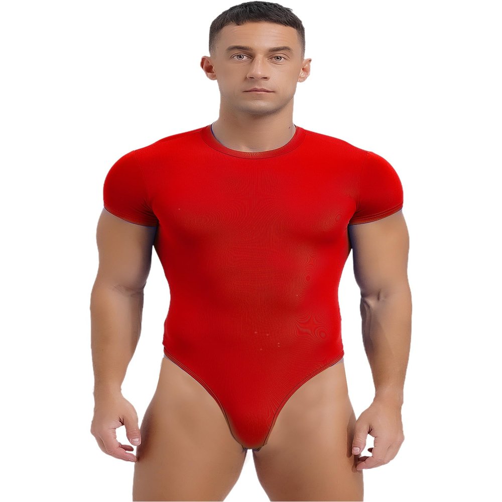 ACSUSS Mens Athletic Sport Bodysuit Round Neck Short Sleeve Buttoned Crotch Jumpsuit Rompers for Yoga Red Large