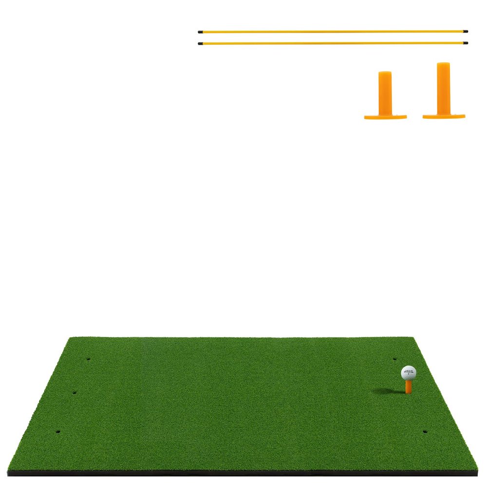 ULTIMATE Golf Hitting Mat, 5 ft x 3 ft Artificial Turf Golf Practice Mat w/ 2 Golf Rubber Tees & 2 Alignment Sticks, Portable Golf Practice Grass Mat for Indoor & Outdoor Training (25mm, 5Ft  3Ft)
