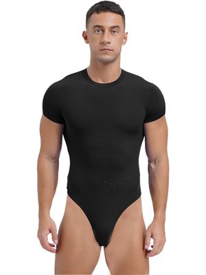ACSUSS Mens Athletic Sport Bodysuit Round Neck Short Sleeve Buttoned Crotch Jumpsuit Rompers for Yoga Black Large