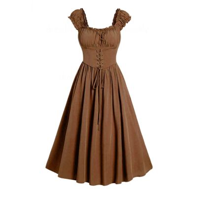 Akklian Corset Dress for Women Renaissance Cottagecore Dress Square Neck Sleeveless Sweetheart Lace up Dress Midi Dress 2025 Khaki, XX-Large