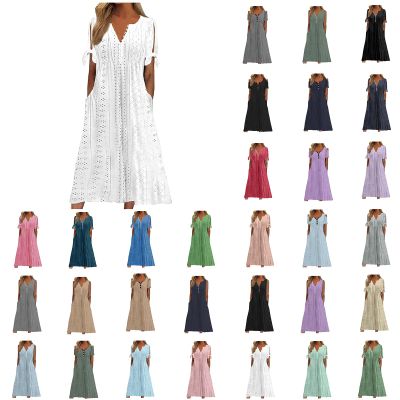 maisdgop Dresses for Women 2024 Trendy Eyelet Boho Beach Dress Loose V Neck Button A-Line Dresses Loose Sundress with Pocket