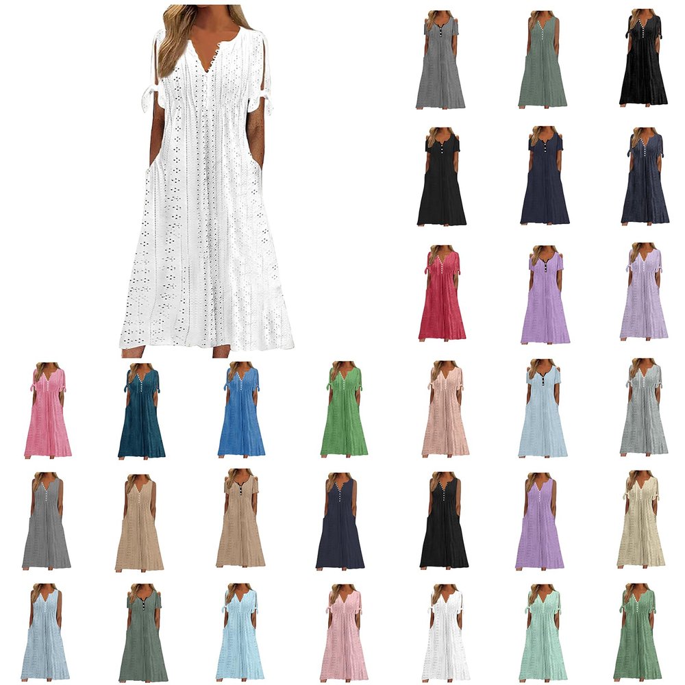 maisdgop Dresses for Women 2024 Trendy Eyelet Boho Beach Dress Loose V Neck Button A-Line Dresses Loose Sundress with Pocket