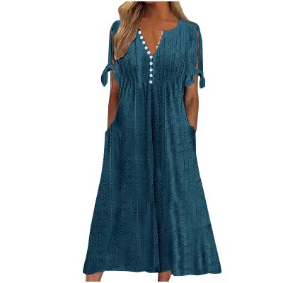 maisdgop Dresses for Women 2024 Trendy Eyelet Boho Beach Dress Loose V Neck Button A-Line Dresses Loose Sundress with Pocket