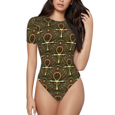 Augenstern Ankh-Egyptian-Symbol Women's Short-Sleeve Round Neck One-Piece Swimsuit Small Black