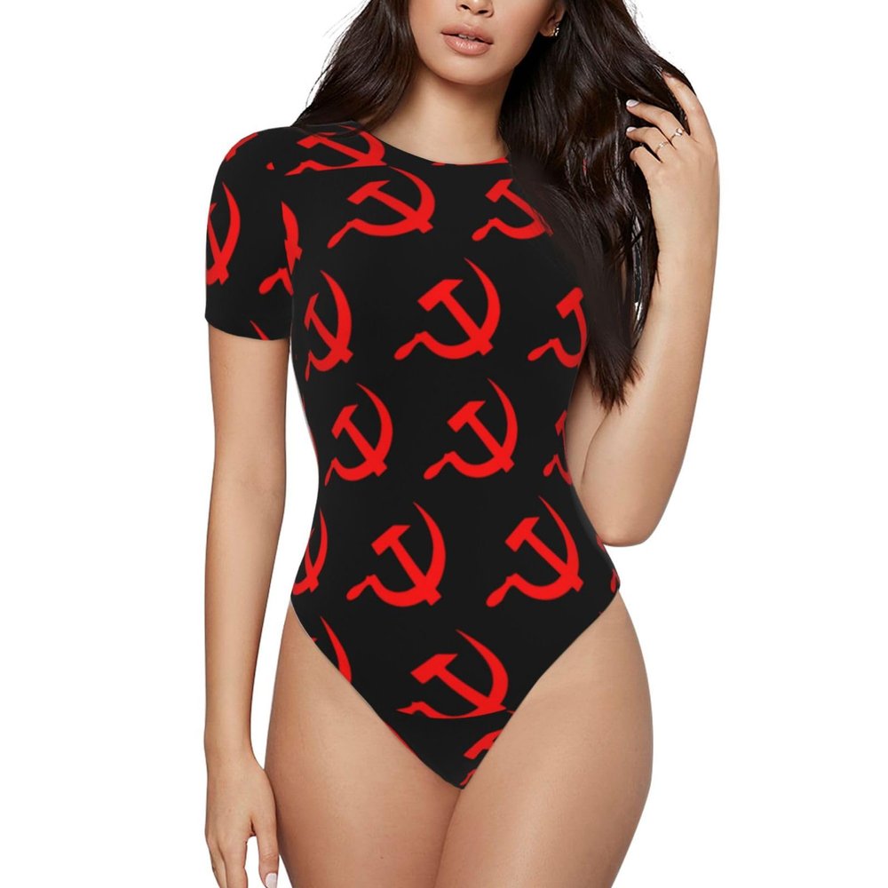 Augenstern Eed-Hammer-and-Sickle Women's Short-Sleeve Round Neck One-Piece Swimsuit Medium Black