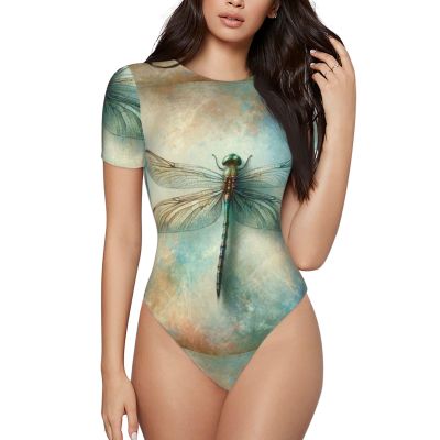 Vintage-Dragonfly-Bug Women's Short-Sleeve Round Neck One-Piece Swimsuit Xx-Large Black