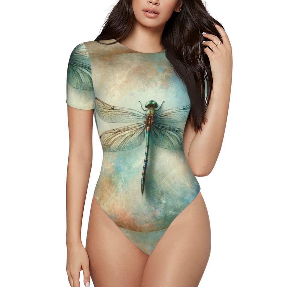 Vintage-Dragonfly-Bug Women's Short-Sleeve Round Neck One-Piece Swimsuit Xx-Large Black