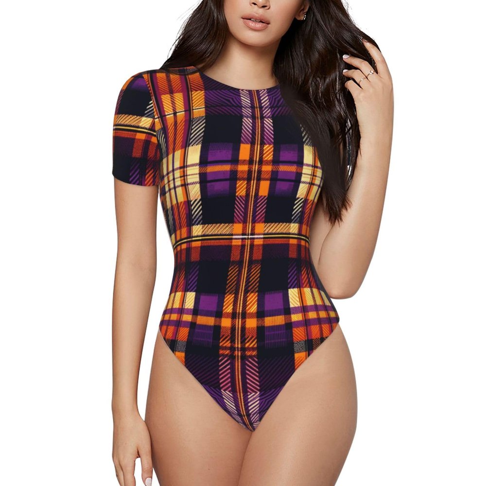 Augenstern Orange-Purple-Tartan Women's Short-Sleeve Round Neck One-Piece Swimsuit Large