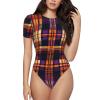 Augenstern Orange-Purple-Tartan Women's Short-Sleeve Round Neck One-Piece Swimsuit Large view 1