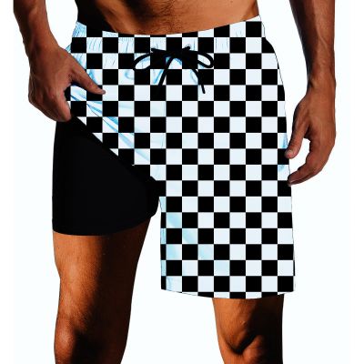 SQPO Black and White Checkerboard Mens Swim Trunks with Compression Liner Quick Dry Zipper Pocket Bathing Suit for Beach Summer 3X-Large