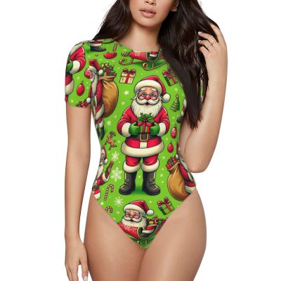 Augenstern Santa-Claus-Merry-Christmas Women's Short-Sleeve Round Neck One-Piece Swimsuit Small Black