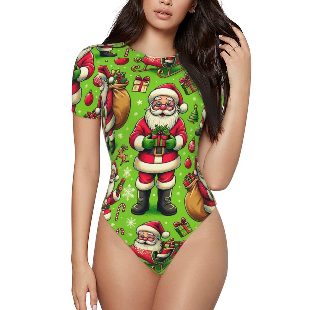 Augenstern Santa-Claus-Merry-Christmas Women's Short-Sleeve Round Neck One-Piece Swimsuit Small Black