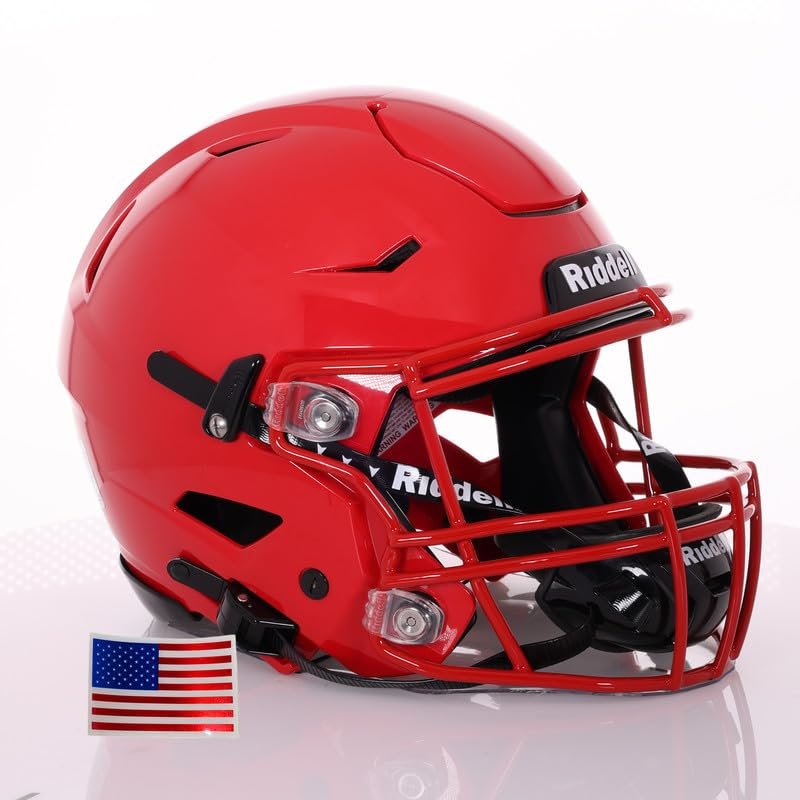 Riddell SpeedFlex Adult w/Scarlet SF-2BD Facemask + US Helmet Flag Decal (Scarlet, Large) - Green Gridiron