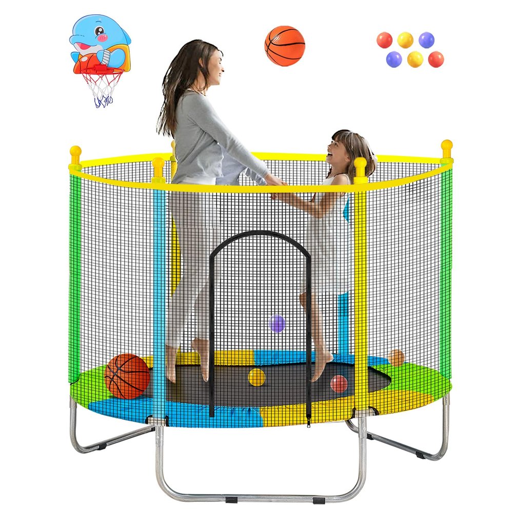 Juoe 55" Trampoline for Kids with Enclosure,Up to 440 Ibs Toddler Mini Trampoline with Net and Basketball Hoop,Indoor/Outdoor Toddler Trampoline for Kids,Gifts for Boys & Girls