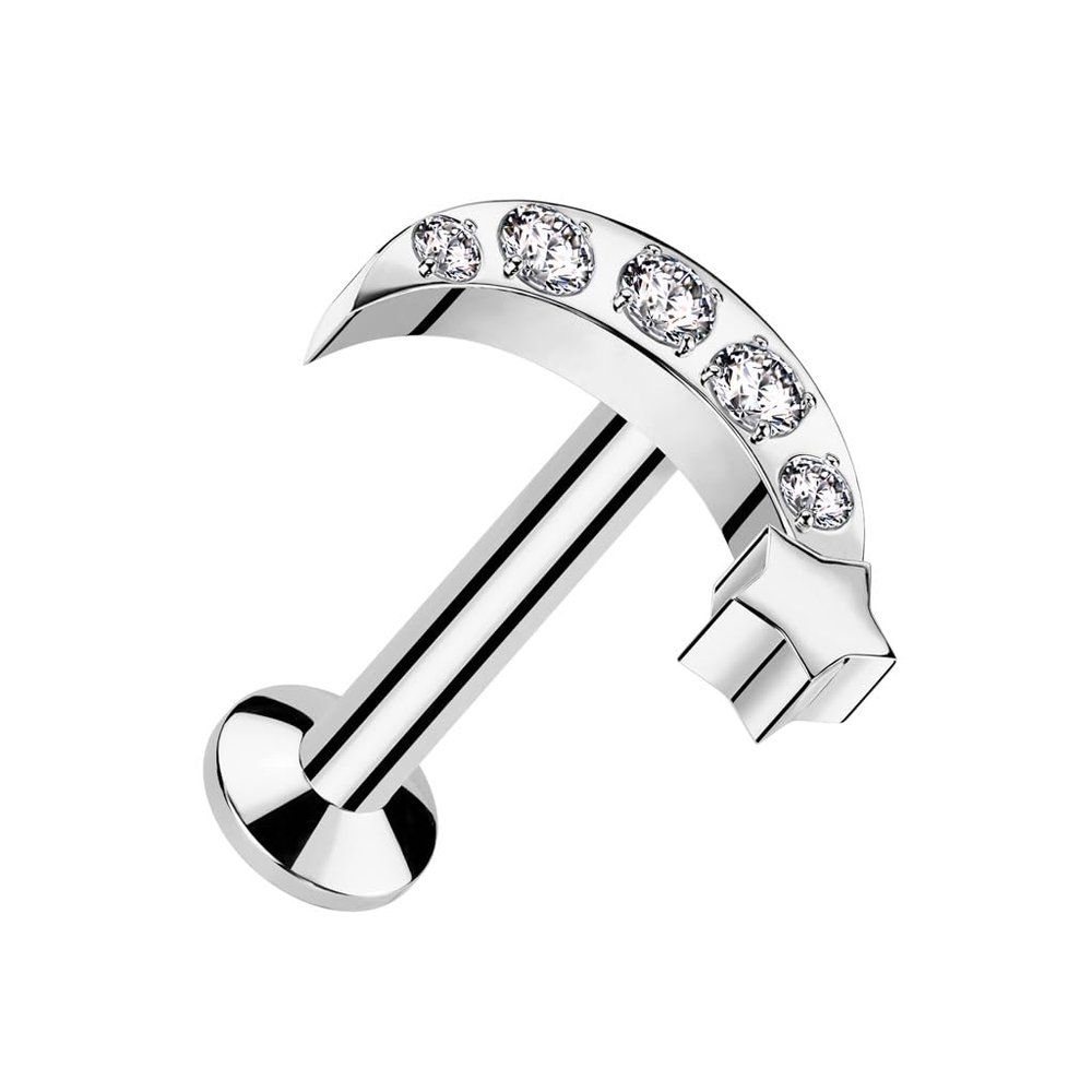 16-18GA 316L Stainless Steel Threadless Push-In CZ Crystal Crescent Moon and Star Flat Back Stud (Silver Tone, 1mm (18GA))