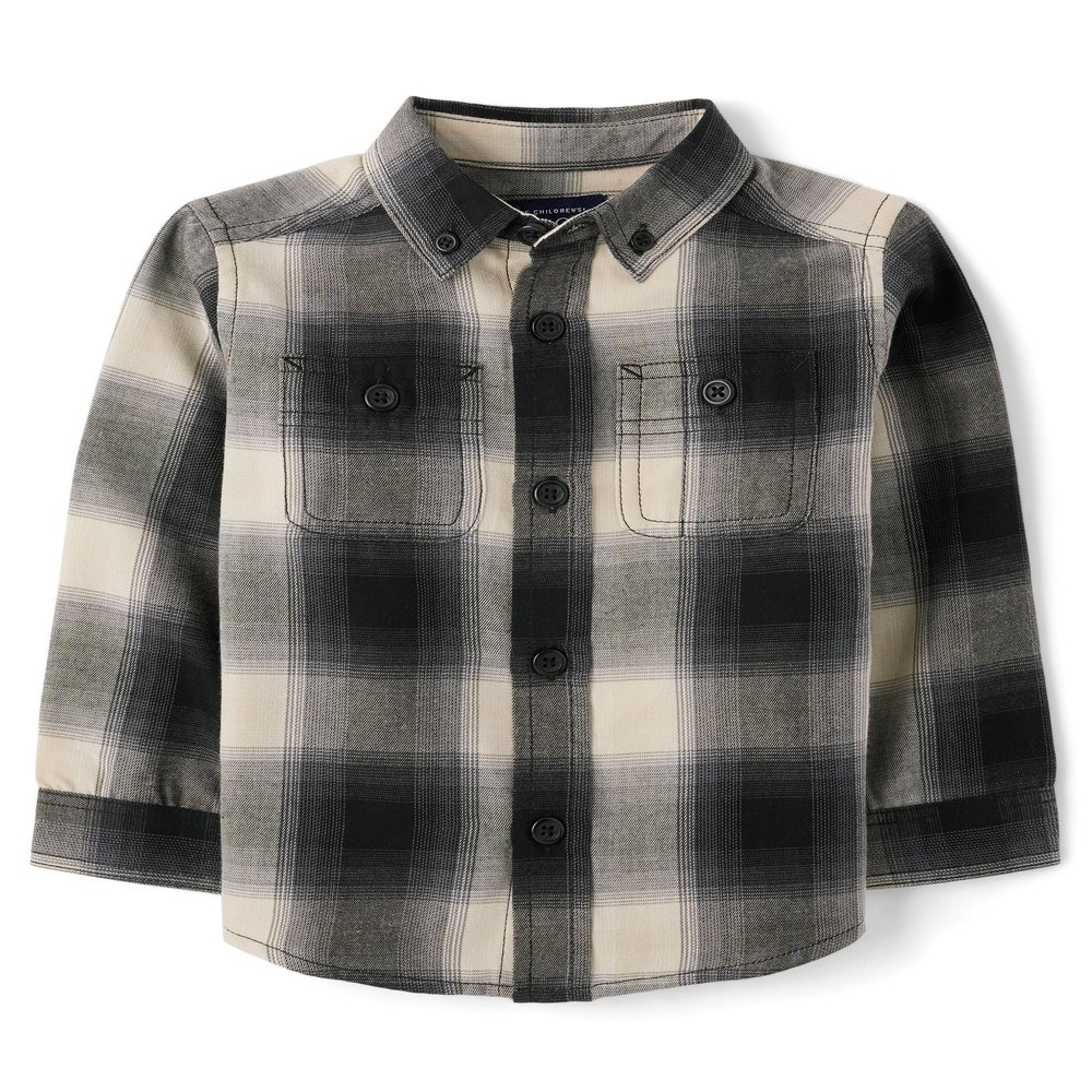 The Children's Place,Baby Boys,and Toddler Long Sleeve Button Down Shirt,Black Buff,12 Months,18 Months