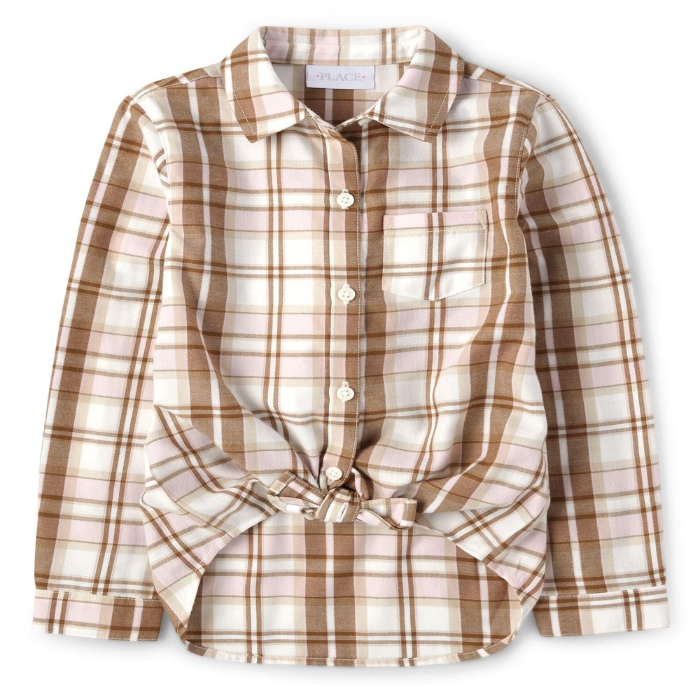 The Children's Place,Girls,Long Sleeve Plaid Twill Tie Front Button Down Shirt,Bunnys Tail Plaid,Medium