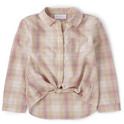 The Children's Place,Girls,Long Sleeve Plaid Twill Tie Front Button Down Shirt,Latte Plaid,Large