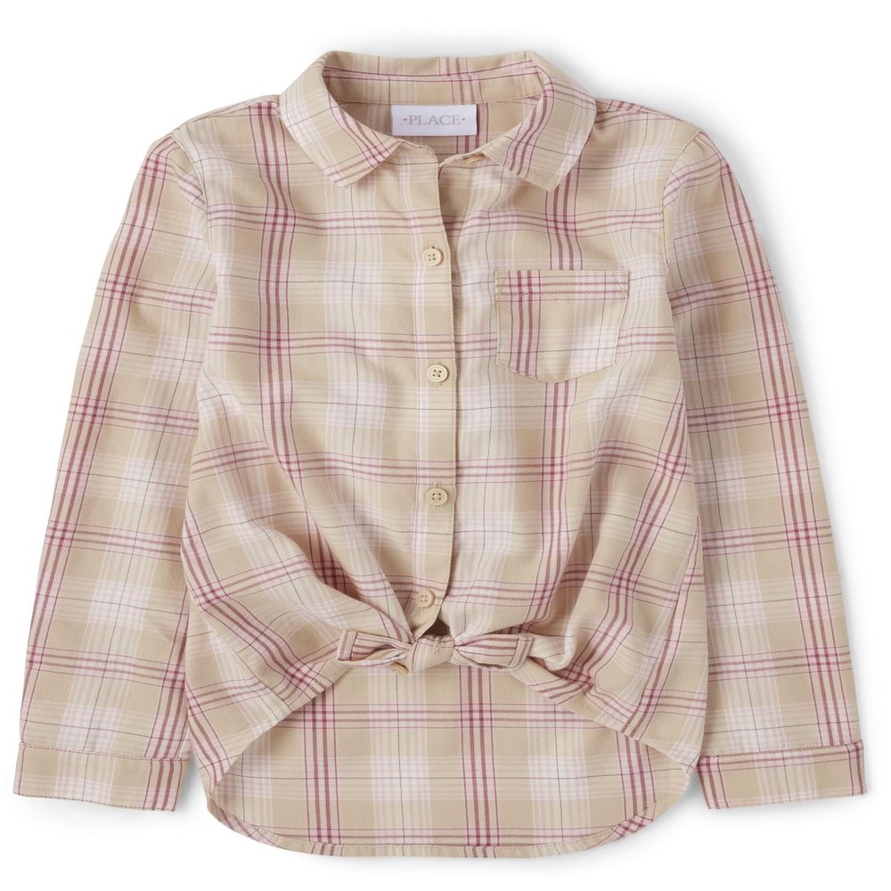 The Children's Place,Girls,Long Sleeve Plaid Twill Tie Front Button Down Shirt,Latte Plaid,X-Small