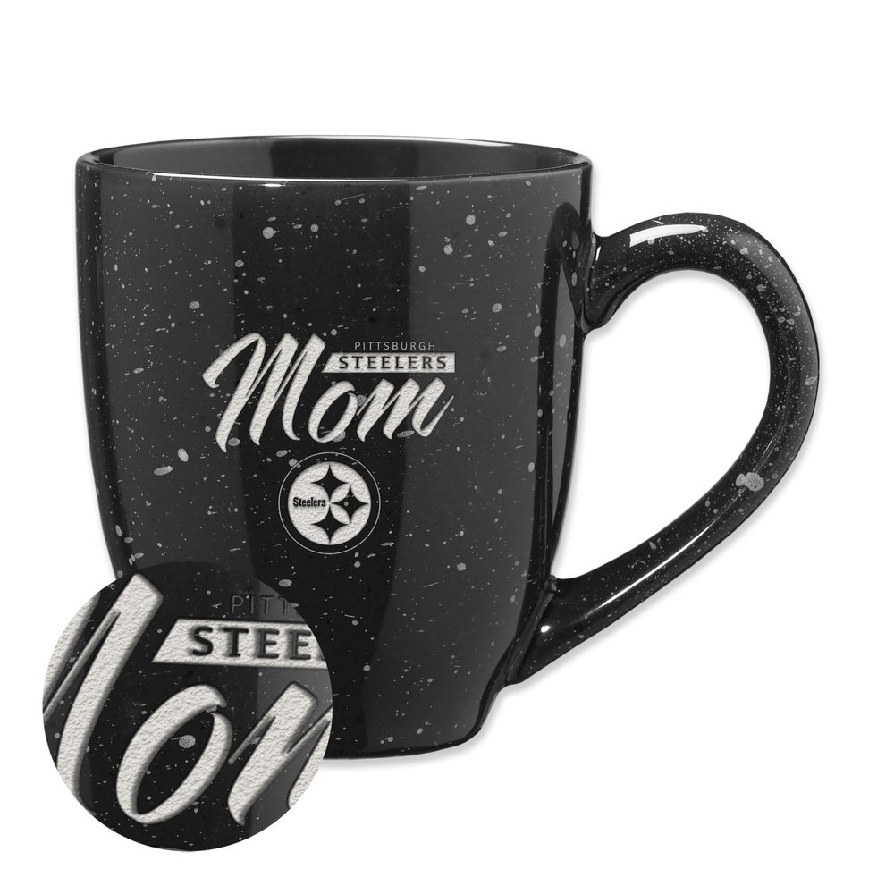 Rico Industries NFL Football Pittsburgh Steelers Mom Black 16 oz Team Color Laser Engraved Speckled Ceramic Coffee Mug
