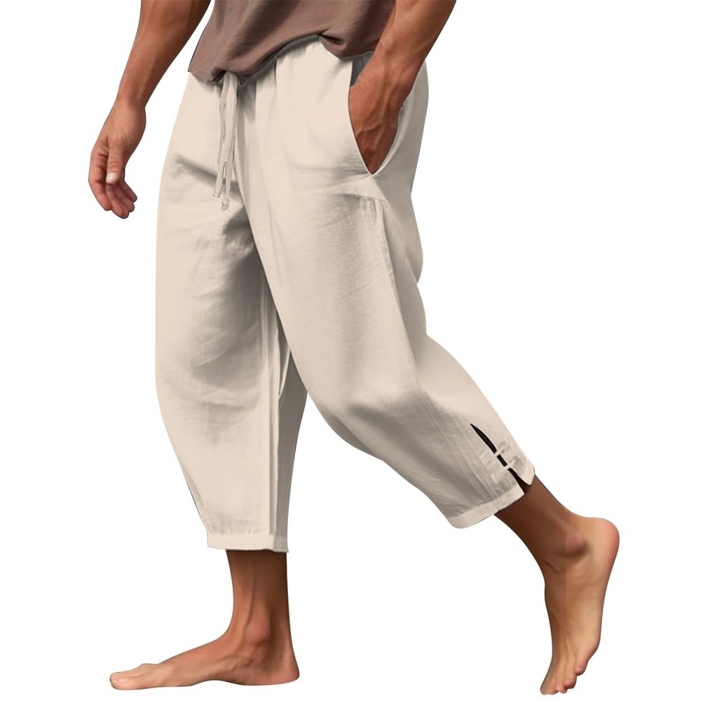 NineFit Basics Mens 2024 Cotton Linen Capri Pants Yoga Pants Elastic Drawstring Casual 3/4 Capri Hippie Pants Wide Leg Baggy Cotton Harem Yoga Trousers with Pockets Khaki, Small