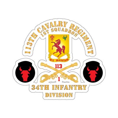 Kiss-Cut Stickers - 113th Cavalry Regiment - Cav Br - DUI - 1st Squadron w Red REGT Txt - 34th ID - SSI X 300 (White, 4"x4")