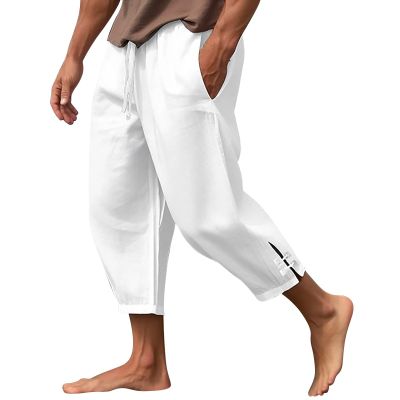 NineFit Basics Mens 2024 Cotton Linen Capri Pants Yoga Pants Elastic Drawstring Casual 3/4 Capri Hippie Pants Wide Leg Baggy Cotton Harem Yoga Trousers with Pockets White, Medium