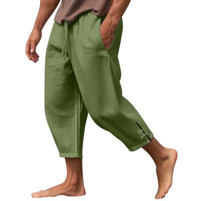 NineFit Basics Mens 2024 Cotton Linen Capri Pants Yoga Pants Elastic Drawstring Casual 3/4 Capri Hippie Pants Wide Leg Baggy Cotton Harem Yoga Trousers with Pockets Green, XX-Large