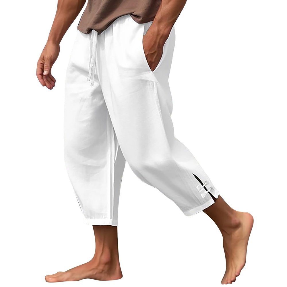 NineFit Basics Mens Capri Long Shorts Below Knee Elastic Drawstring Tapered Casual Cotton Linen Baggy Harem Pants Wide Leg Baggy Cotton Harem Yoga Trousers 3/4 Shorts Casual Hippie Pants White