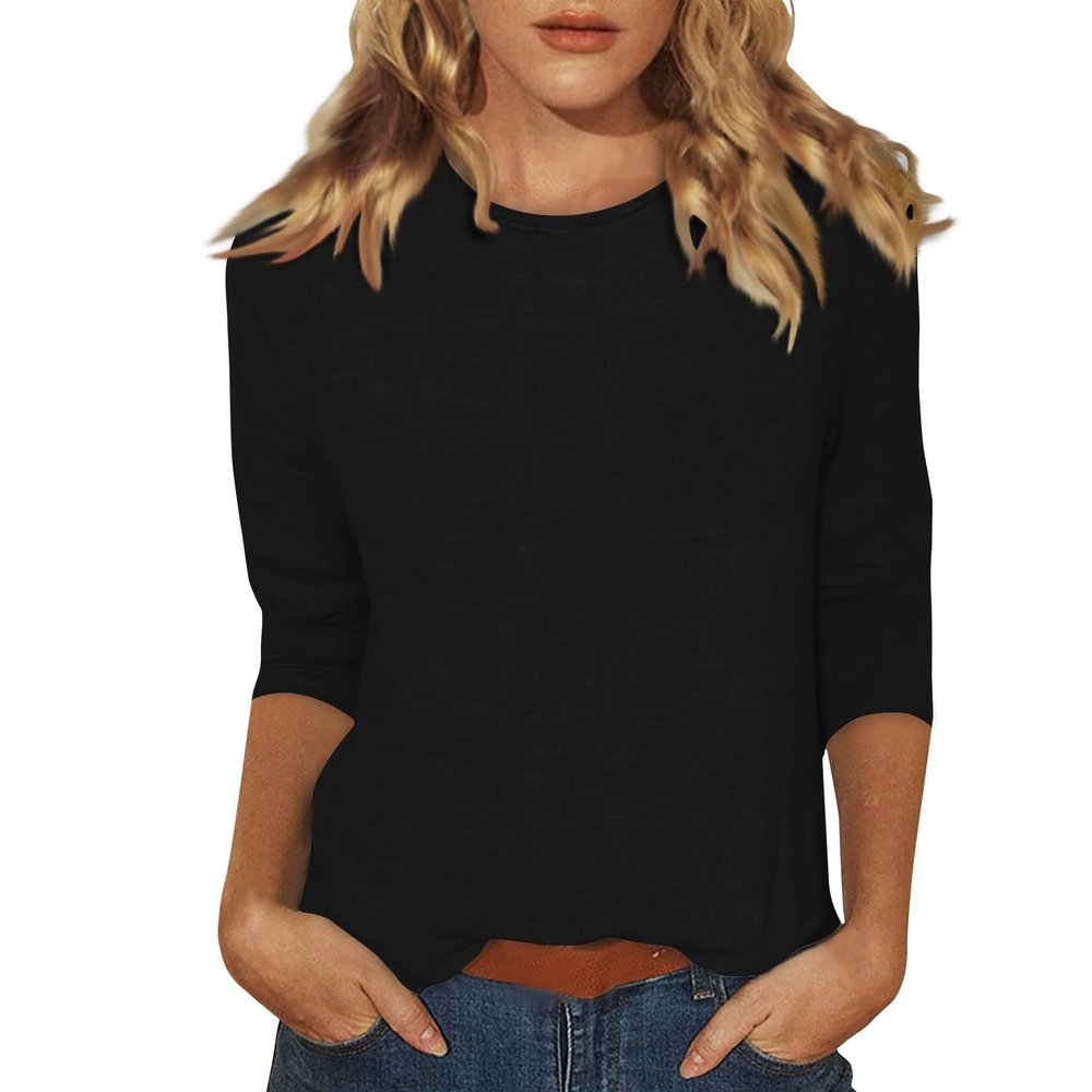 GAANBODI 3/4 Length Sleeve Womens Tops Casual Loose Fit Crewneck T Shirts Solid Three Quarter Length Tunic Tops Summer Blouse 01-Black Small