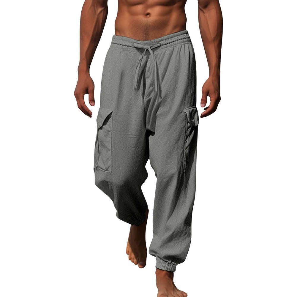 NineFit Basics Men's Cotton Linen Capri Pants 3/4 Quick Dry Workout Cargo Hiking Shorts Linen Capri Pants Casual Lightweight Breathable Baggy Pants Drawstring Elastic Waist Beach Yoga Pants Grey, Medium