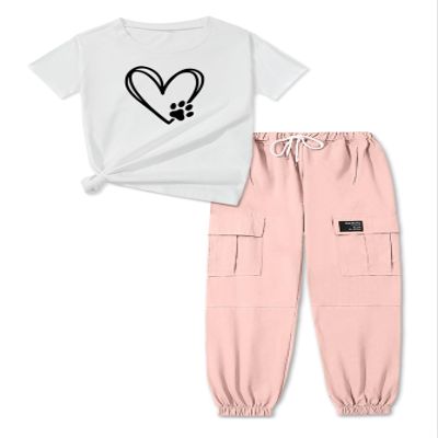 ARTMINE Girls 2-Piece Clothing Sets Sleeve Printed T-shirt+Casual Drawstring Elastic Waist Cargo Pants, US 11-12 Years = Tag 160