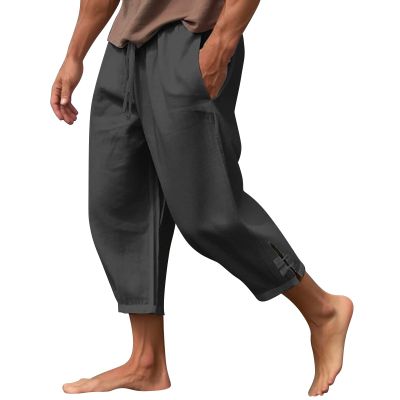 NineFit Basics Mens 2024 Cotton Linen Capri Pants Yoga Pants Elastic Drawstring Casual 3/4 Capri Hippie Pants Wide Leg Baggy Cotton Harem Yoga Trousers with Pockets Black, X-Large