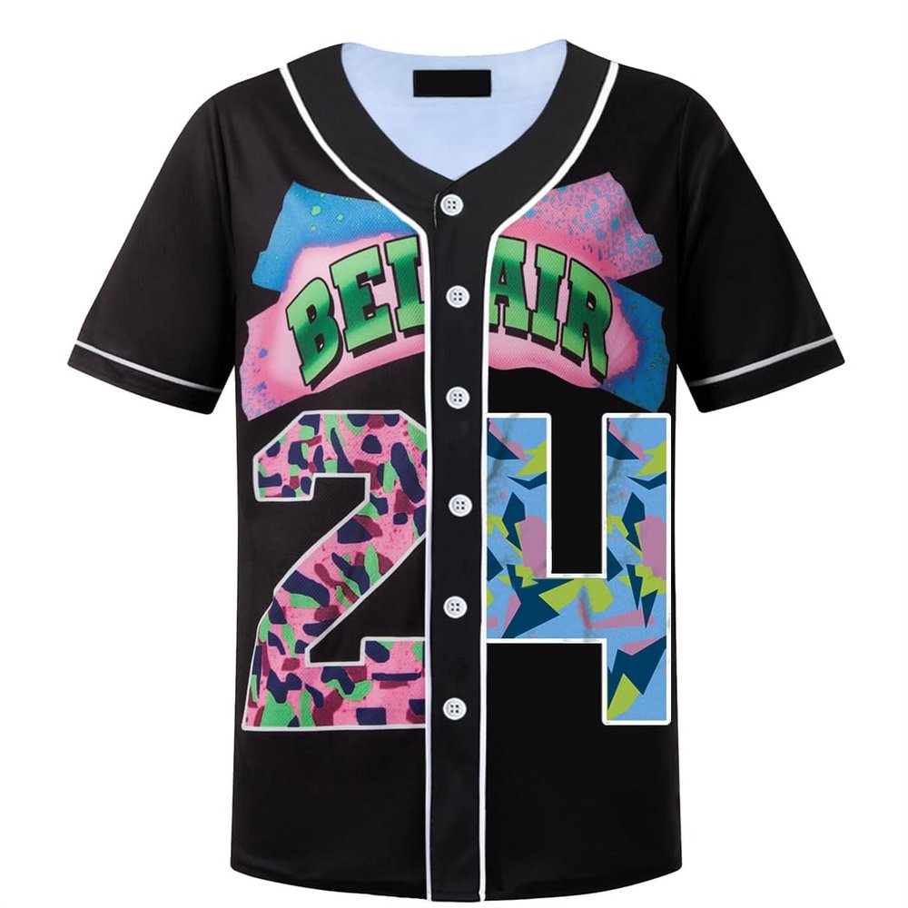 HOPSHION 90s Bel Air Baseball Jersey for Women Button Down Hip Hop Clothing Outfits HP002-#24-Black-L