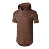 NineFit Basics Mens Hip Hop Shirts Hooded Sweatshirt Short Sleeve Ripped Round Hemline Hole T Shirt Solid Color Bodybuilding Gym Tee (Small,Coffee) view 2