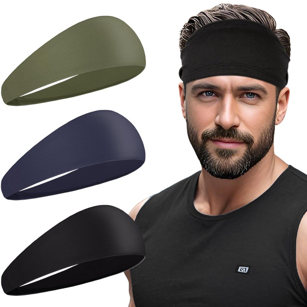 3 Packs Sweatband Sports Headbands for Men Elastic Hair Bands Fashion Headscarf Bandage Yoga Moisture Wicking Workout Running Fitness Hairbands (Black, Army Green, Dark Blue)