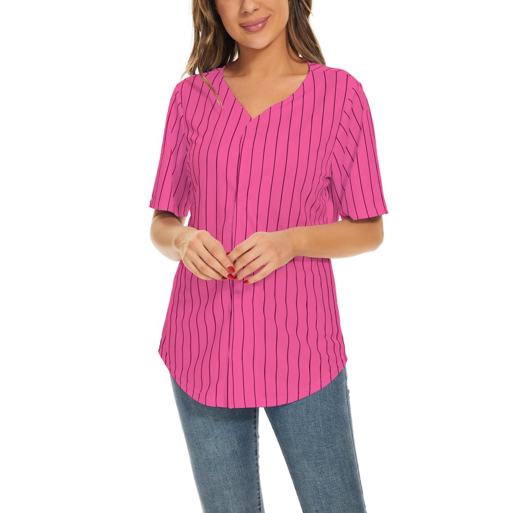 Mowbeat Women Baseball Jersey Stripe Softball Jersey Button Down Tee Shirt Sports Uniform Short Sleeve T-Shirt (Stripe Rose,XXL)