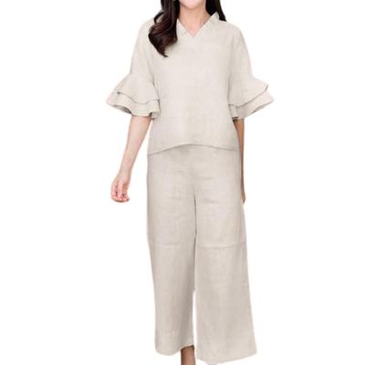 Womens 2 Piece Linen Outfits Half Sleeve Crop Top Wide Leg Pants Linen Sets Lounge Matching Sets with Pockets