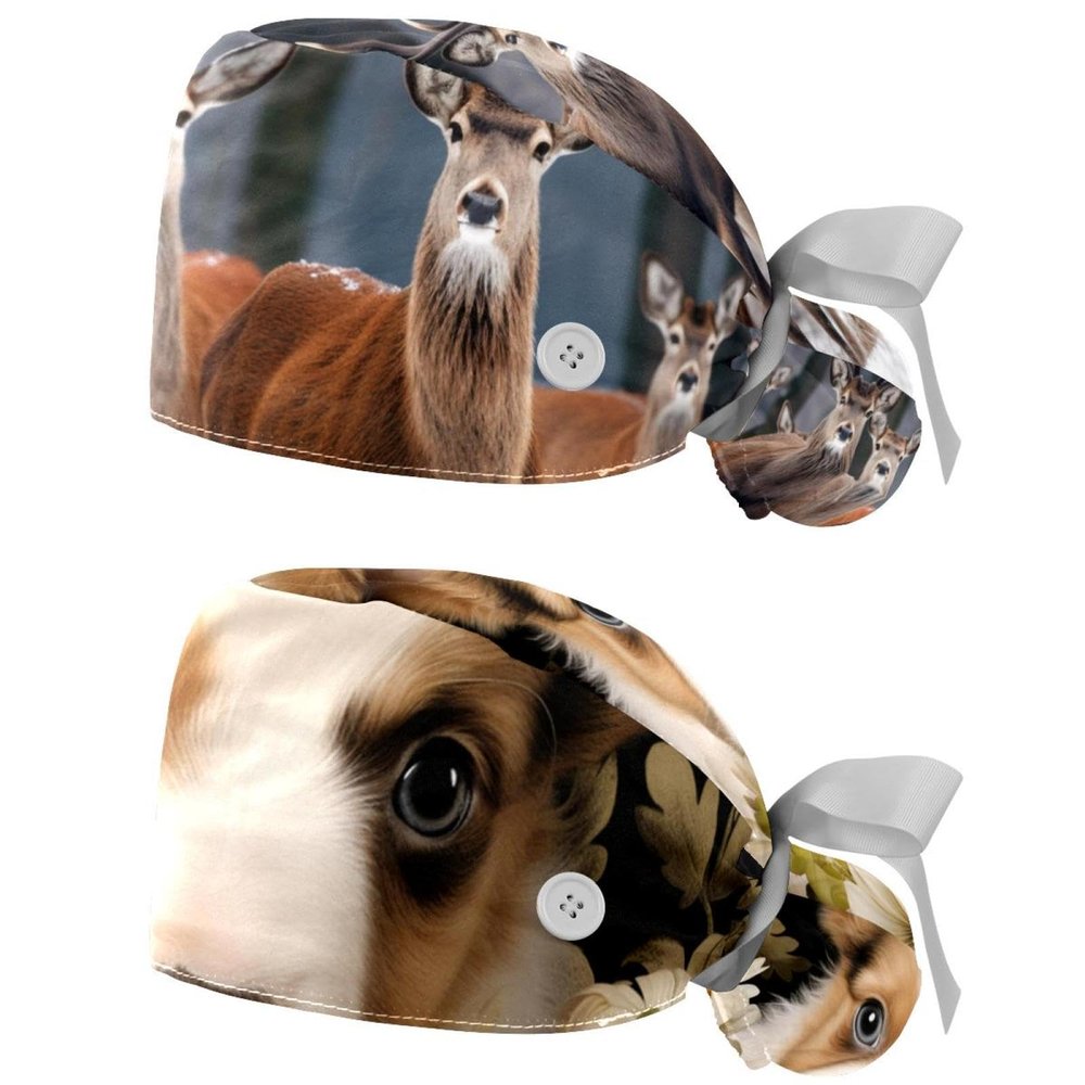 2-Pc Nurse Scrub Caps,Scrub Hats with Buttons and Cotton Sweatband,Flower Deer Snow Tree