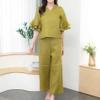 Womens 2 Piece Linen Outfits Half Sleeve Crop Top Wide Leg Pants Linen Sets Lounge Matching Sets with Pockets view 2