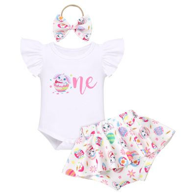 IDOPIP Baby Girls 1st Easter Outfit Rabbit Egg Romper Tutu Skirt with Diaper Cover Bloomers and Headband 3PCS Infant First Birthday Cake Smash Outfit for Photo Prop Rabbit Egg 6-12 Months