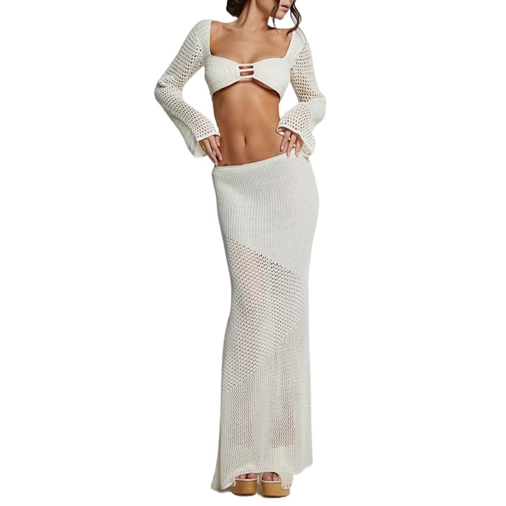 Crochet Knit 2 Piece Skirt Sets for Women Summer Hollow Out Crop Top Bodycon High Waist Maxi Skirt Sets Beach Dress