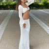 Crochet Knit 2 Piece Skirt Sets for Women Summer Hollow Out Crop Top Bodycon High Waist Maxi Skirt Sets Beach Dress view 3