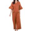 Womens 2 Piece Linen Outfits Half Sleeve Crop Top Wide Leg Pants Linen Sets Lounge Matching Sets with Pockets view 1