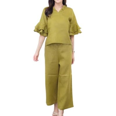 Womens 2 Piece Linen Outfits Half Sleeve Crop Top Wide Leg Pants Linen Sets Lounge Matching Sets with Pockets