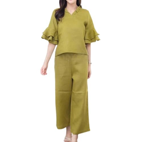 Womens 2 Piece Linen Outfits Half Sleeve Crop Top Wide Leg Pants Linen Sets Lounge Matching Sets with Pockets