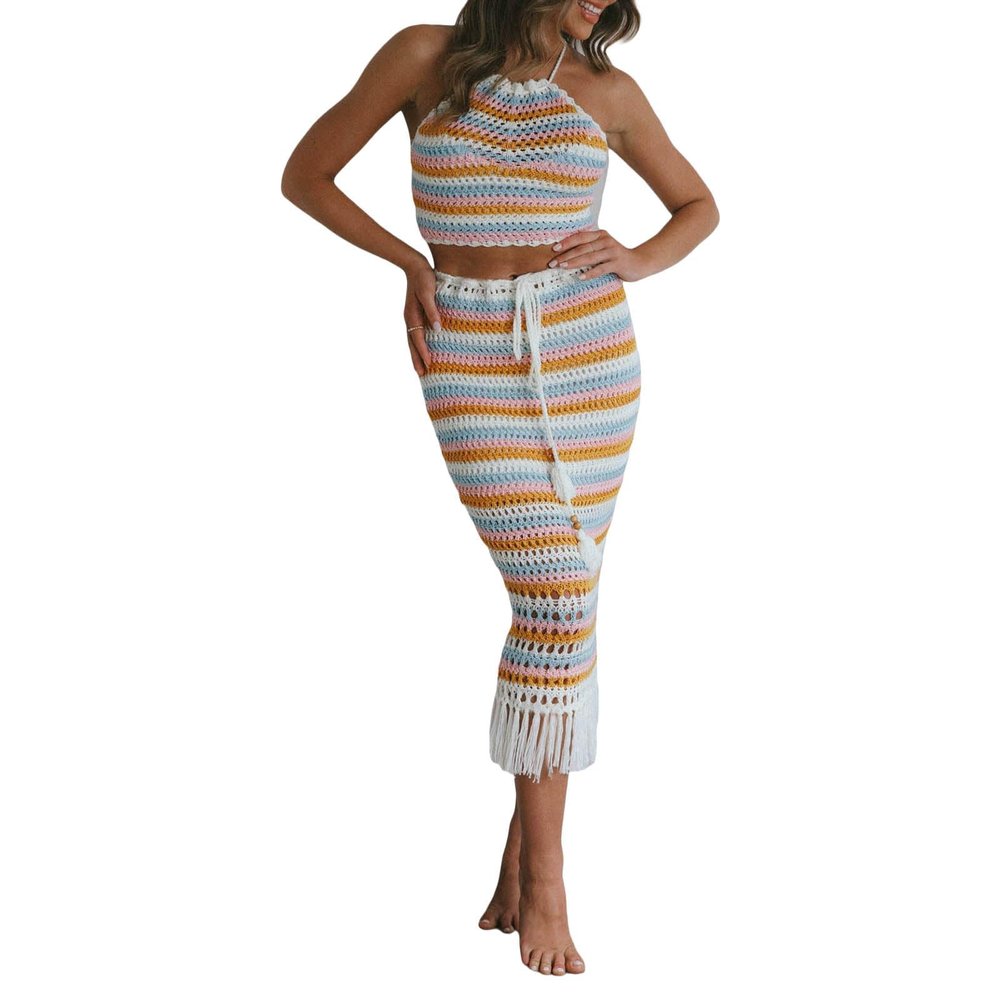 Crochet Knit 2 Piece Skirt Sets for Women Summer Hollow Out Crop Top Bodycon High Waist Maxi Skirt Sets Beach Dress